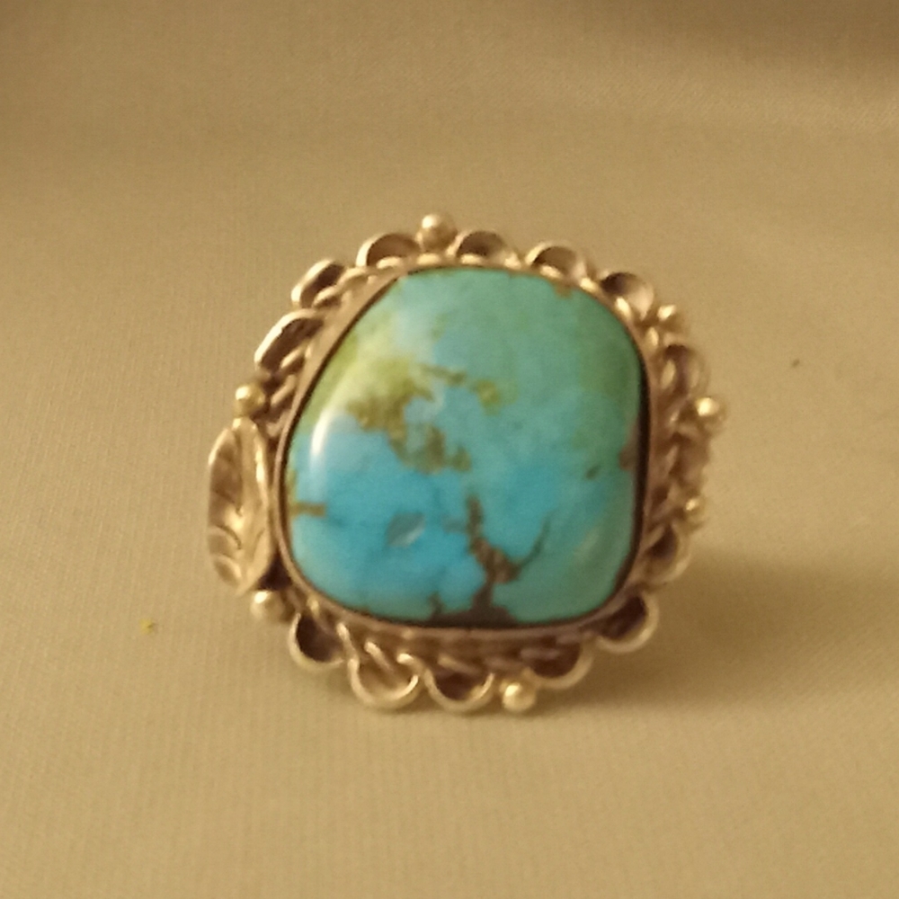 Turquoise and Sterling  Ring Native American Signed sz 11.5 1970's Vintage